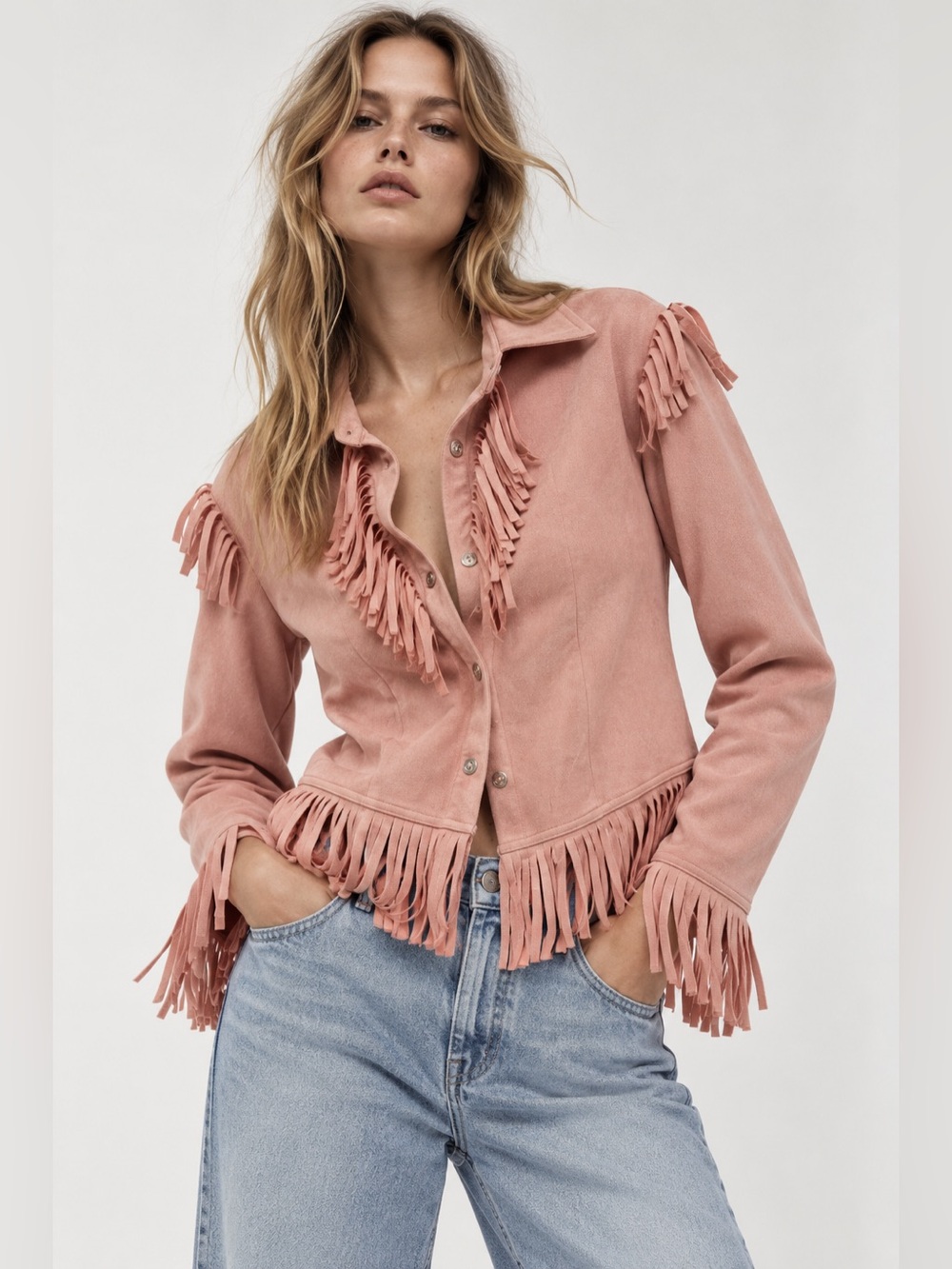 Freiheit Pink Fringe Button-Front Jacket – Size M